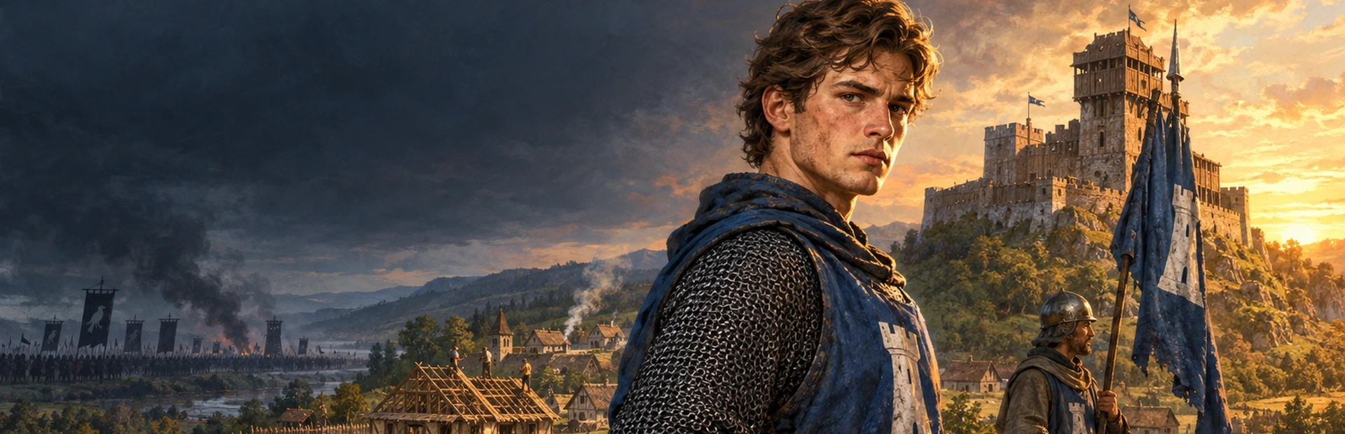 The young lord in mail and a blue cloak before the village being built and the castle on the hill, at dusk