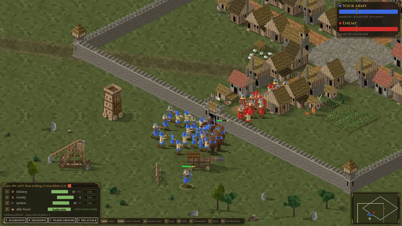 The ram and the blue infantry attacking the gate of a walled town held by the reds