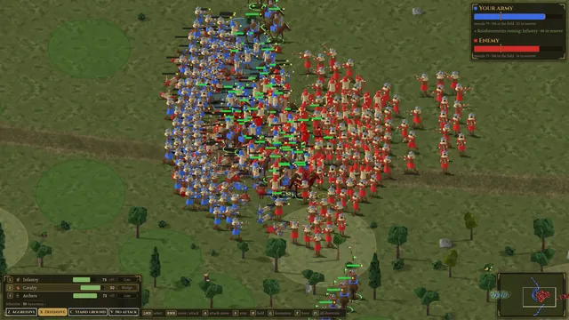 Hundreds of blue and red soldiers clashing in the field