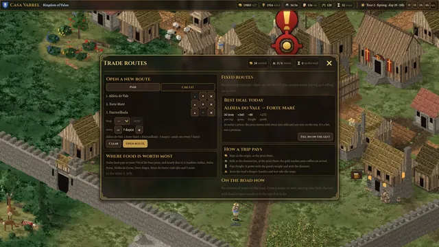 The trade routes screen over the village, with the best deal of the day
