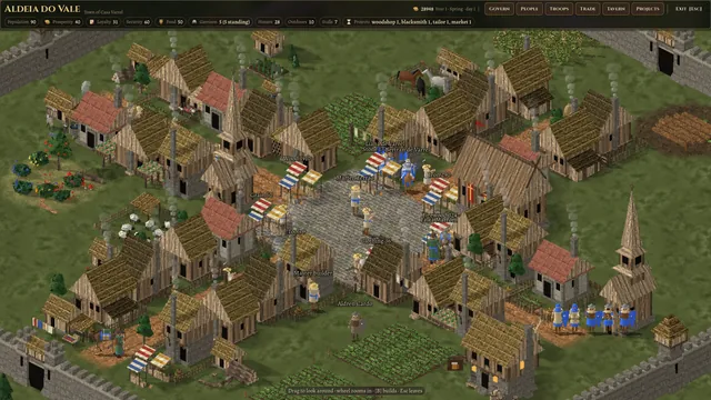 A Valani timber town, with the market square and its striped stalls