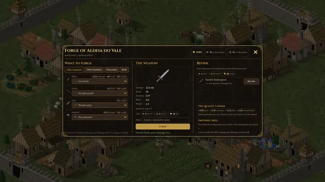 The forge screen with blade, guard, grip and pommel, and the weapon's refining