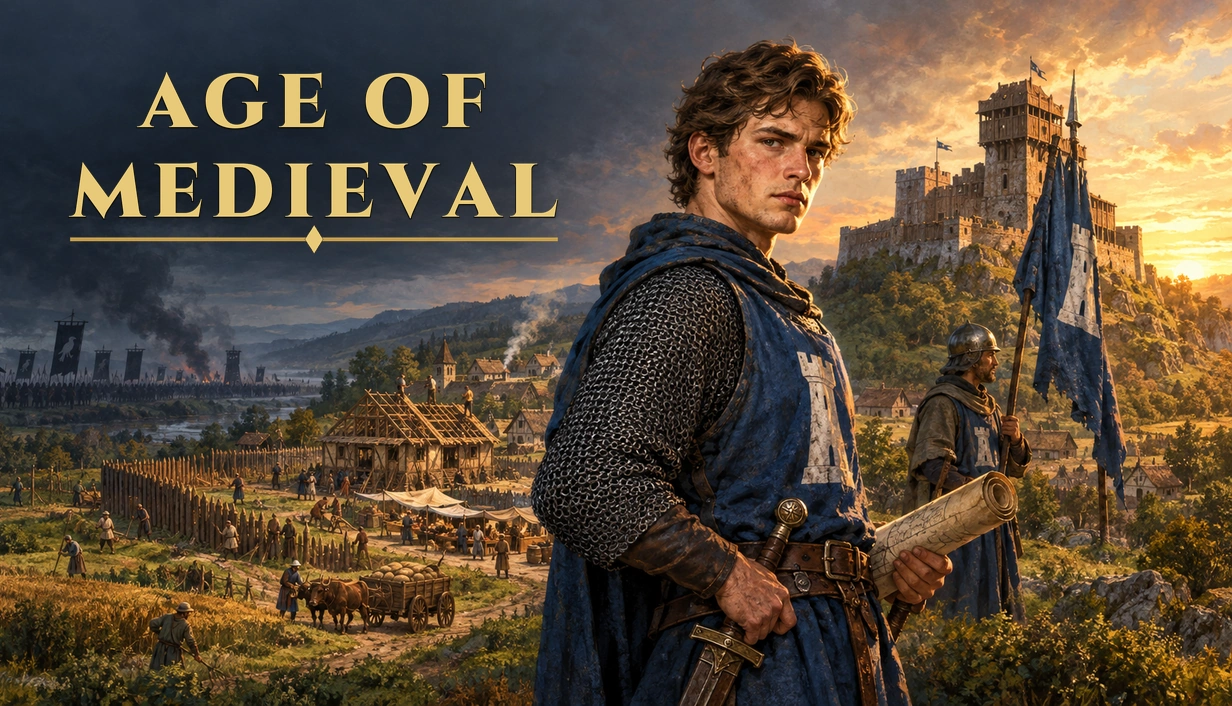 O jovem senhor de cota e sobreveste azul diante da vila e do castelo, com o letreiro