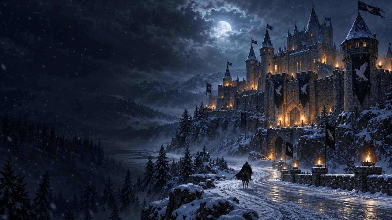 O castelo de Corvus iluminado numa noite de neve, com o rio gelado e um cavaleiro na estrada