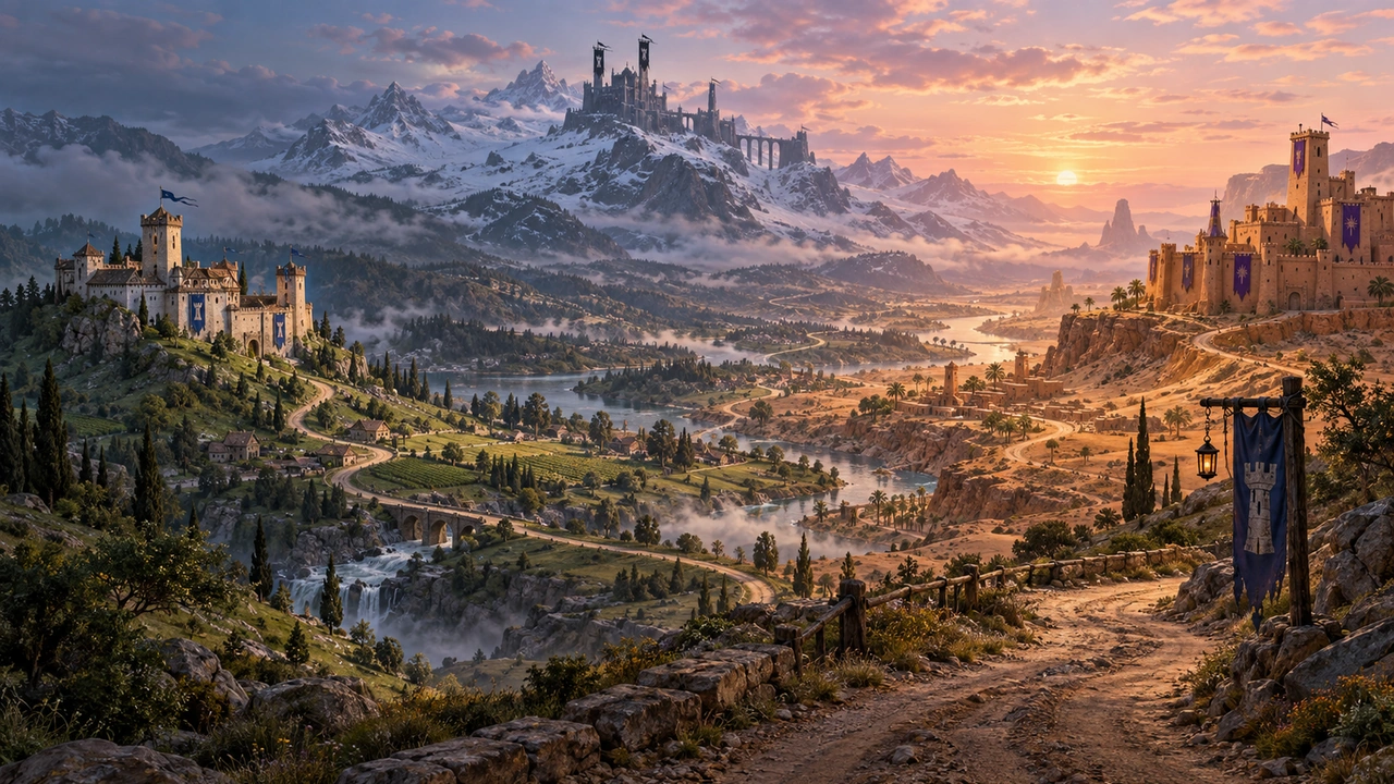 Vale largo com os três povos: o castelo de Valan ao longe, as montanhas de Corvus e a fortaleza de Murth