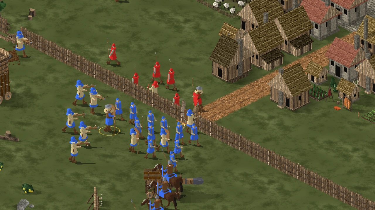Cavalaria azul entrando pelo portão caído de uma vila cercada