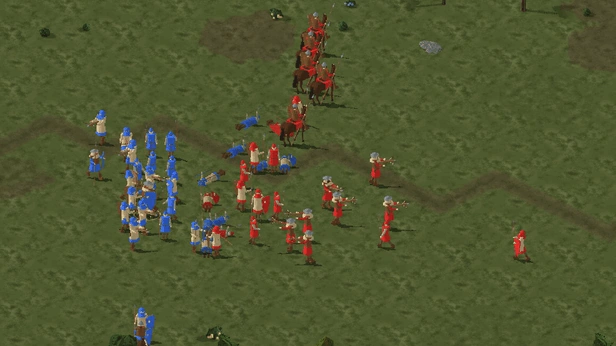 Duas linhas de infantaria se chocam em campo aberto, arqueiros atrás; um regimento vermelho quebra e corre