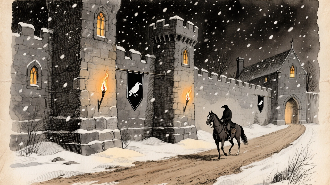 O castelo de pedra escura de Corvus sob a neve, à noite, com tochas nas muralhas e um cavaleiro chegando pela estrada