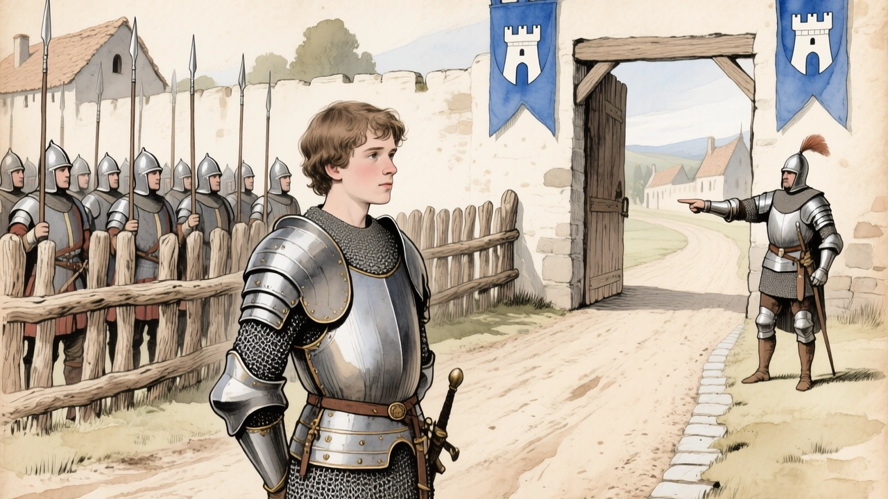 O jovem herói de armadura diante de uma fila de lanceiros e do portão da vila, com os estandartes azuis de Valan
