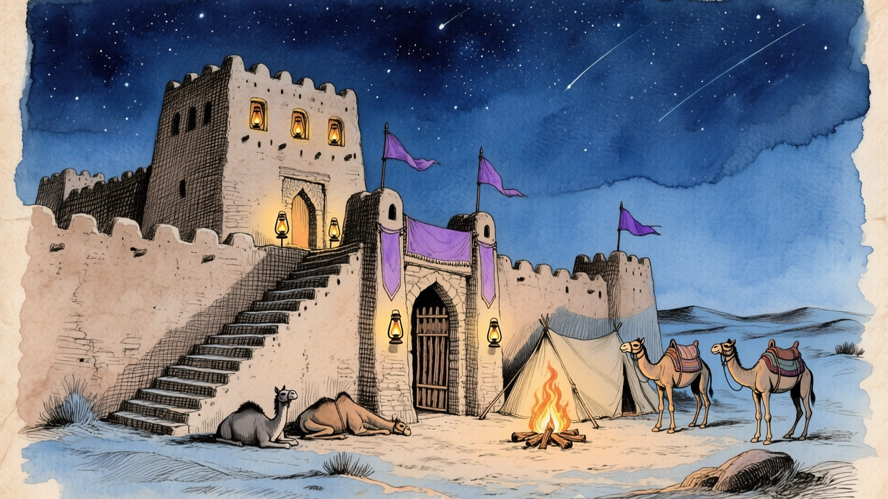 A fortaleza de adobe de Murth sob um céu estrelado, com janelas acesas, um acampamento de camelos e uma fogueira ao pé da muralha