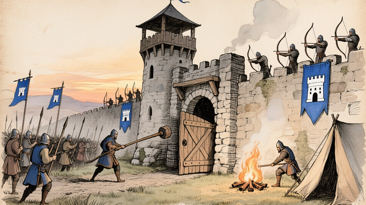 Lanceiros e arqueiros de Valan diante do portão de madeira e da torre de vigia, com o estandarte azul e uma fogueira no acampamento